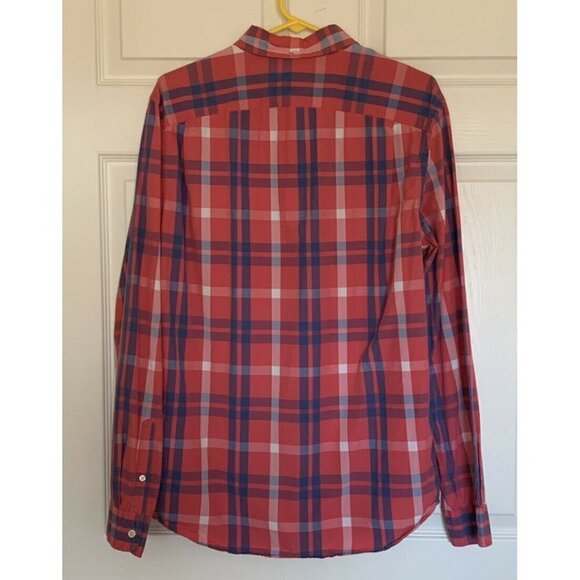 GAP Men’s Large Lived-In Button Shirt Dark Pink and Light Blue Plaid - Picture 3 of 6